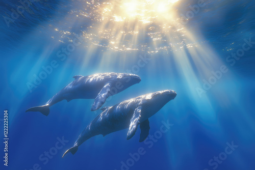 humpback whales swimming in the turquoise waters, underwater view photo