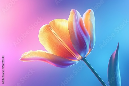 A tulip in bloom with radiant petals and soft textures, illuminated by vivid pastel lighting