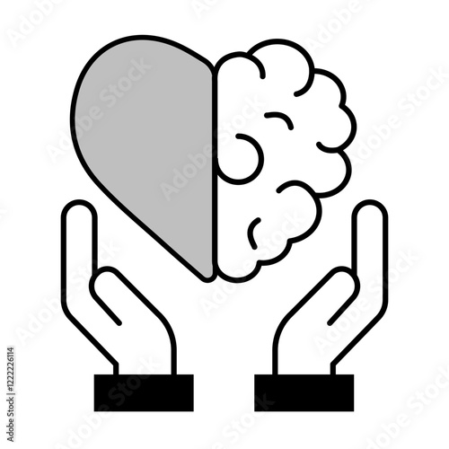 Emotional Intelligence Icon – Hands Holding Heart and Brain Representing Balance and Mindfulness