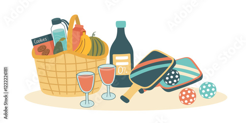 Pickleball concept background. Pickleball paddles, balls, basket of food and alcohol-free wine. Concept of rest and spending time with friends. Vector hand drawn illustration.
