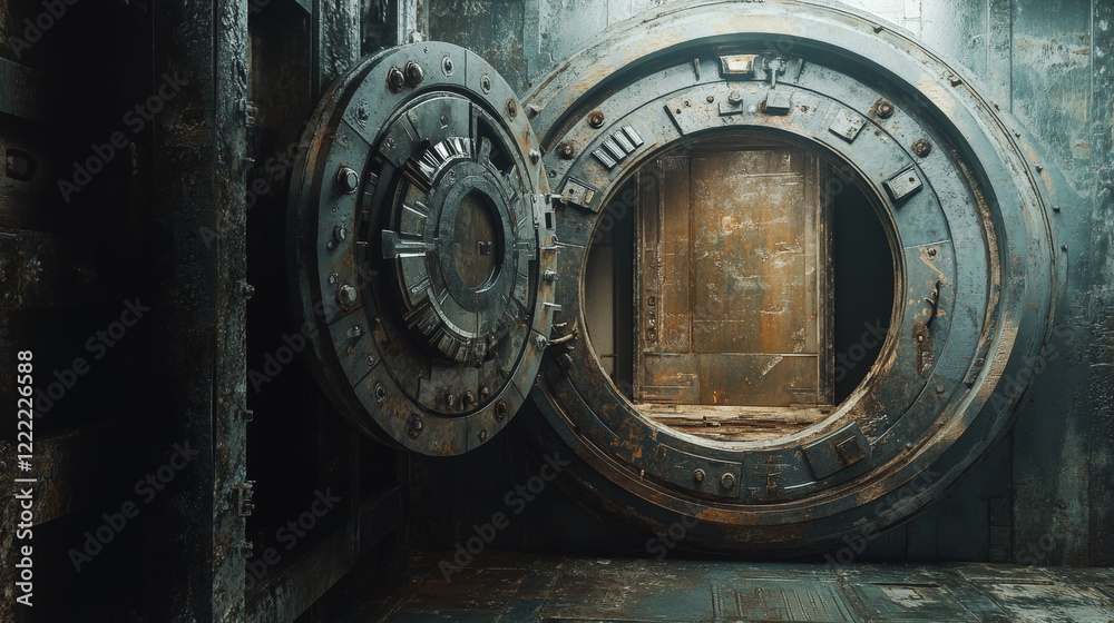 Bank vault with open safe door. Vector realistic interior of room with round steel door and and metal walls for safety storage deposits. Bank safe with dial lock Bank vault with open safe door. Vector realistic interior of room with round steel door and and metal walls for safety storage deposits. Bank safe with dial lock