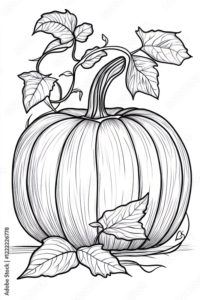 Line drawing of a whole pumpkin with vine and leaves. Line drawing of a whole pumpkin with vine and leaves.