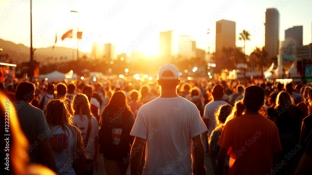 Αυτοκόλλητο Vibrant food truck festival at sunset urban street scene crowd gathering festive
