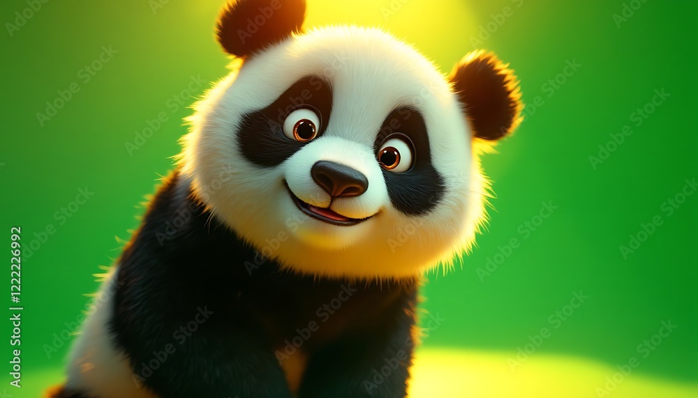 Adorable Cartoon Panda Close Up Green Background Soft Fur Happy Adorable Cartoon Panda Close Up Green Background Soft Fur Happy