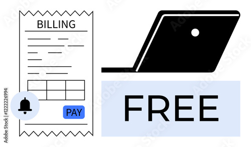 Billing receipt, laptop, bell notification, pay button, and large free text emphasize online transactions. Ideal for digital payments, reminders, online shopping, cost-free services e-billing