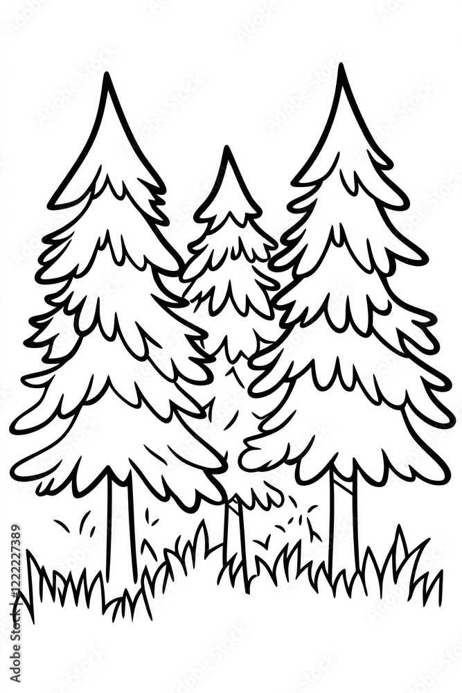 Obraz premium Three simple line drawing pine trees in a group with grass at the base.