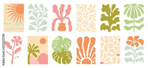 Summer botanical doodle background art vector set. Hibiscus flower, coconut tree, monstera leaf, sea. Abstract shape doodle art design for print, wallpaper, clipart, wall art for home decoration. 
