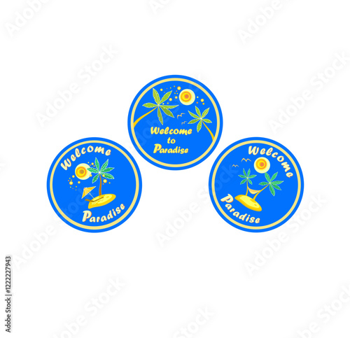 Set of summer vacation and travel circle labels with palm on the resort beach, hot sun, hammock and Sunbed Chair.eps