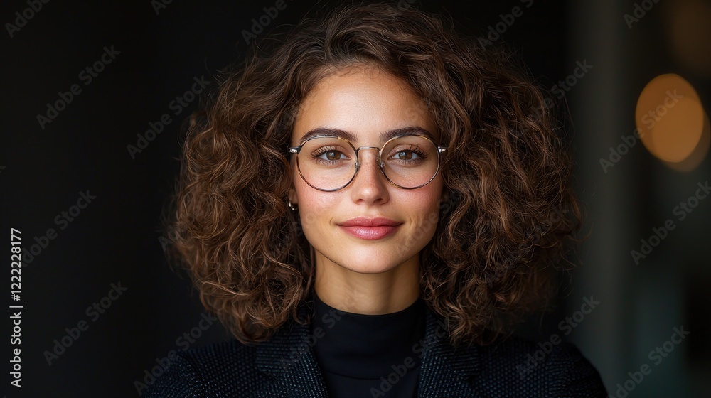 Obraz premium Young woman with voluminous curly hair and glasses smiling confidently in a dimly lit indoor setting.