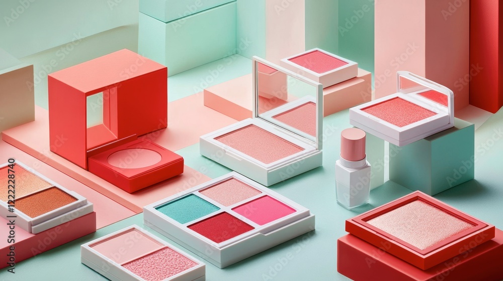 A variety of colorful eyeshadow palettes, lipsticks, and blushes displayed on a vibrant background for a lively, dynamic setup. A variety of colorful eyeshadow palettes, lipsticks, and blushes displayed on a vibrant background for a lively, dynamic setup.