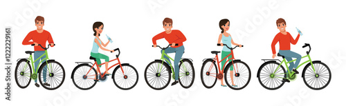 Man and Woman Riding Bicycle Enjoy Outdoor Recreation Vector Set