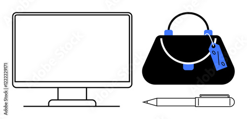 Computer monitor, stylish handbag with tag, and pen showcase essential items for business and fashion. Ideal for office work, fashion, technology, business essentials, organization, multitasking