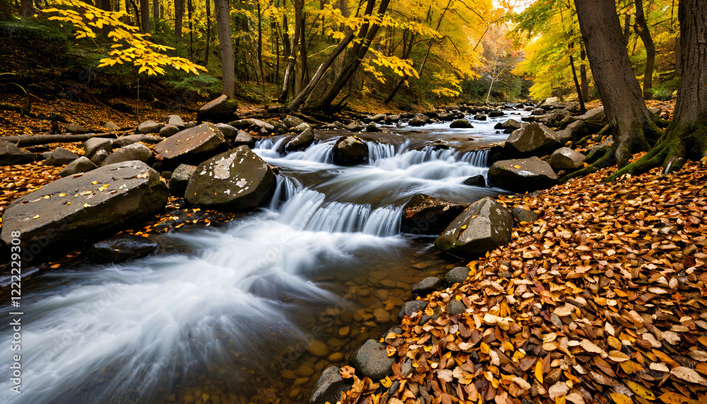 Flowing Stream in Autumn Forest