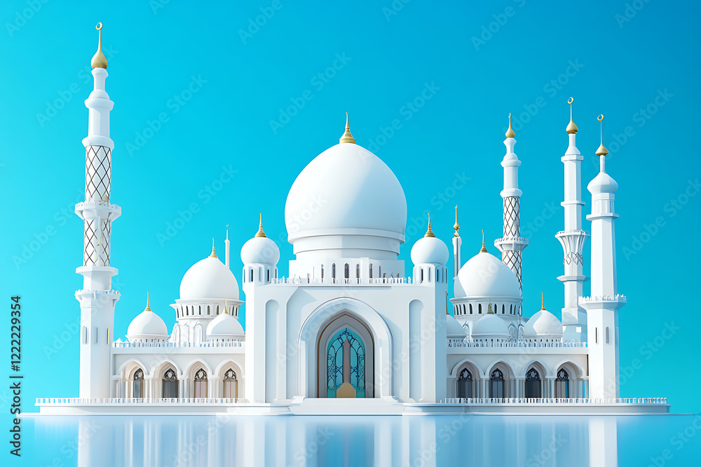 Obraz premium beautiful mosque, magnificent mosque, blue background, islamic, ramadan Kareem, eid mubarak, eid al adha, eid al fitr, 3d rendering, generative ai