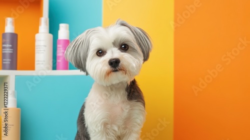 A vibrant display of facial cream products for pets, with bright, cheerful colors and a playful background.