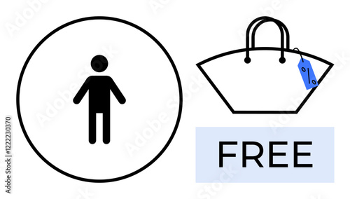 Person icon inside a circle next to a shopping bag with a blue tag indicating free. Ideal for concepts of complimentary gifts, promotions, discounts, benefits, shopping, consumer behavior, value