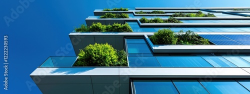 Modern building design with greenery on balconies against clear blue sky showcasing sustainable architecture