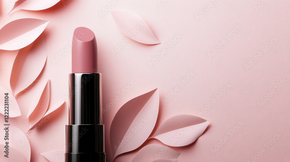 Obraz premium Close-up of a lipstick with a soft pink color, its glossy tube placed on a background of pastel pink paper.