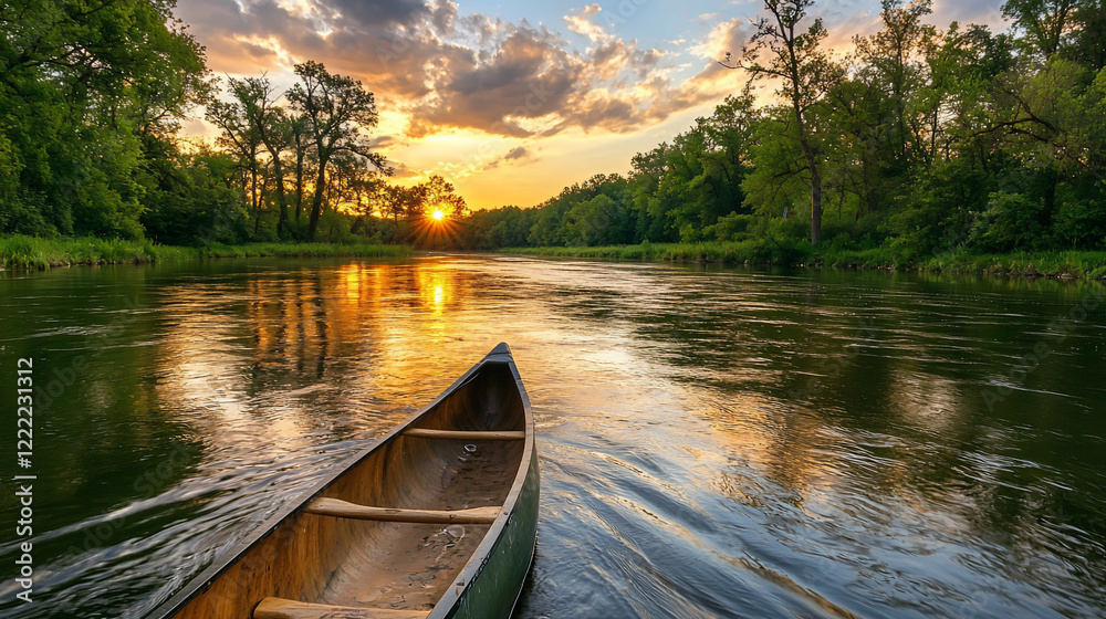 Serene sunset over a tranquil river with a canoe drifting peacefully along the water's edge Serene sunset over a tranquil river with a canoe drifting peacefully along the water's edge