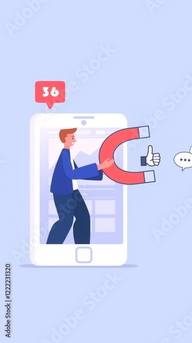 2d animation of a man with big magnet attracting likes, comments, feedback and new customers to his social media pages