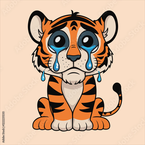 Cartoon Illustration of a Crying Baby Tiger with Large Tears, Expressing Sadness and Loneliness on a Light Background

