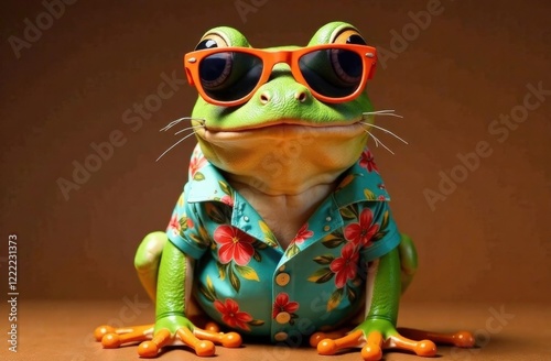 Stylish frog wearing a Hawaiian shirt and sunglasses, commercial photography