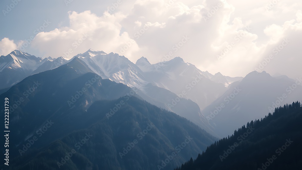 Majestic snow-capped mountain range, serene landscape under a partly cloudy sky, picturesque scenery of nature's beauty. Majestic snow-capped mountain range, serene landscape under a partly cloudy sky, picturesque scenery of nature's beauty.