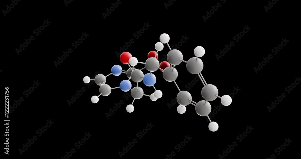 Benznidazole molecule, rotating 3D model of antiparasitic medication, looped video on a black background Benznidazole molecule, rotating 3D model of antiparasitic medication, looped video on a black background