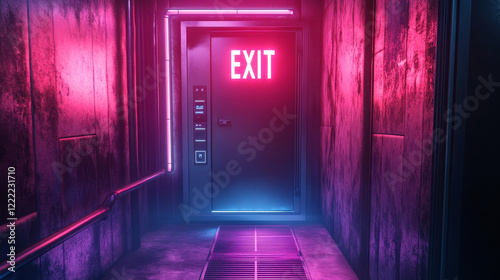 Fototapeta Naklejka Na Ścianę i Meble -  Metal door with exit sign, neon glowing and panel with buttons for password insert. Sliding gates in spaceship . shuttle or secret laboratory entrance, ski-fi bunker. Realistic 3d vector illustration