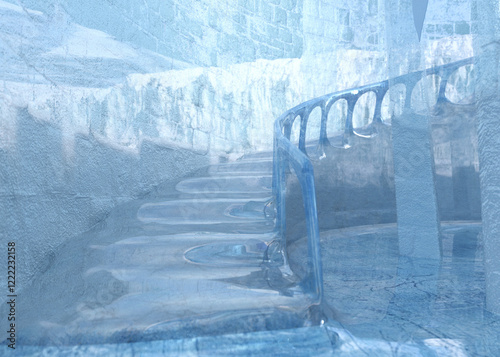 3D illustration of an ice palace, showcasing intricate ice architecture shimmering like a frozen wonderland. Perfect for fantasy and winter-themed designs, evoking a sense of wonder and magic.