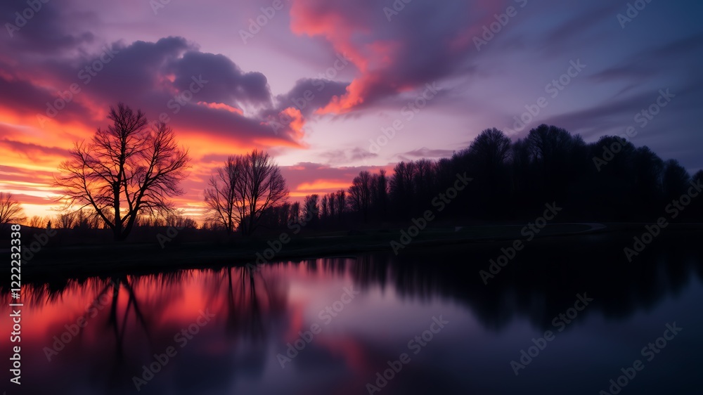 Serene sunset over a calm lake reflected with silhouetted trees and vibrant sky colors, creating a peaceful and tranquil scene.