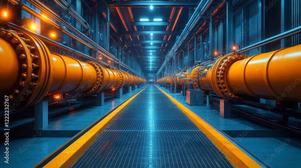 Fototapeta premium High-detailed industrial piping system in an underground mechanical facility. Generative AI