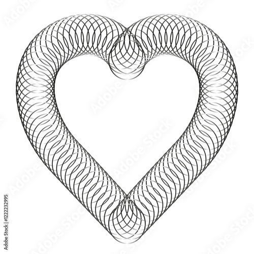 Monochrome digital heart drawing. Silhouette of heart made of intersecting rings in technical style. Unusual design for Valentine. Wire ring grid.