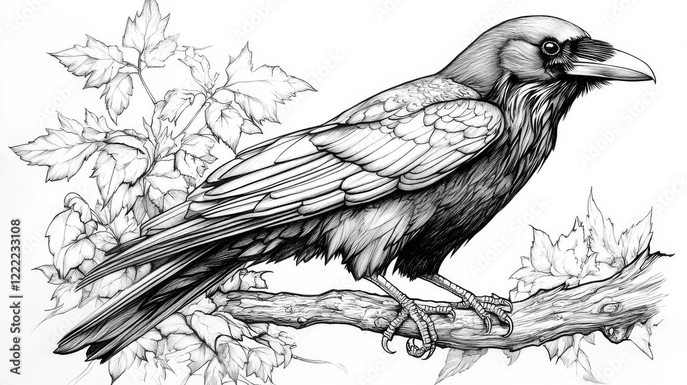 Obraz premium Black and white raven illustration on branch with leaves