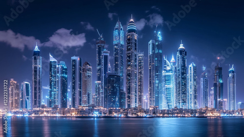 Urban cityscape panoramic night banner vector cartoon illustration with buildings, city skyline with skyscraper and tower architecture, megapolis landscape, town scenic background