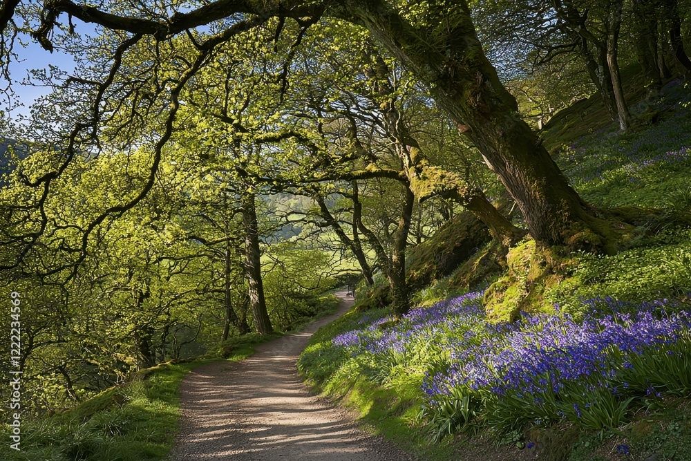 Path Through a Spring Forest A winding dirt path through a vibrant green forest, with dappled sunlight on the ground Path Through a Spring Forest A winding dirt path through a vibrant green forest, with dappled sunlight on the ground