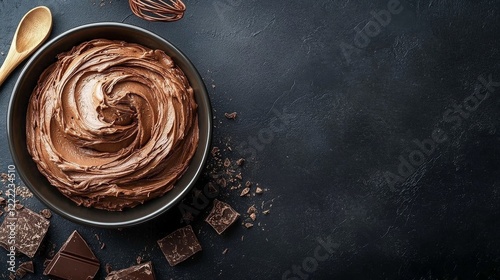 Delicious chocolate frosting in bowl with whisk on rustic dark background for baking