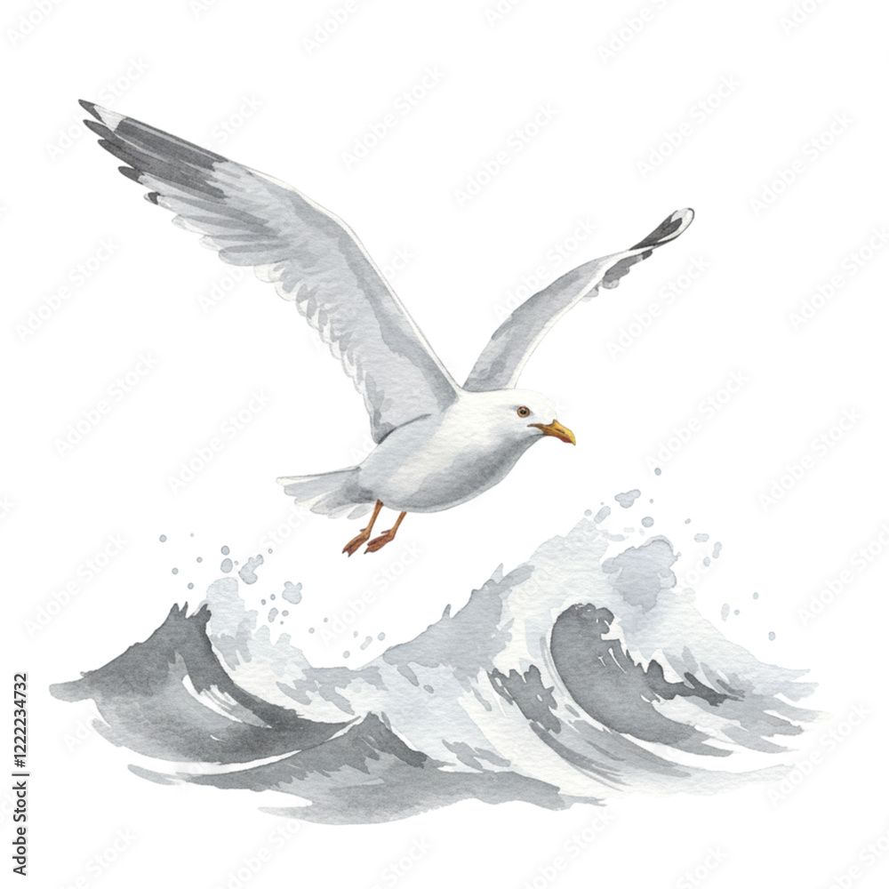 Naklejka premium Elegant White Seagull Soaring Over Ocean Wave Watercolor Painting Nature Wildlife Bird Art Sky Wing 