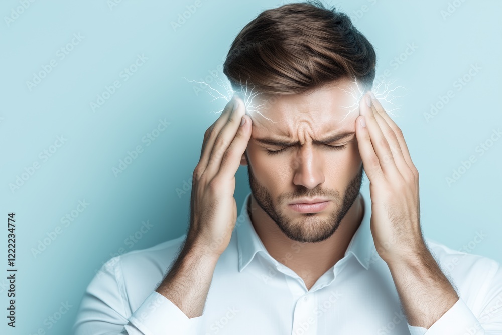 Portrait of a man experiencing a headache with lightning effects near his head on a light blue background. Stress and mental health concept. Portrait of a man experiencing a headache with lightning effects near his head on a light blue background. Stress and mental health concept.