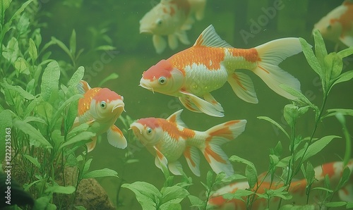 Koi fish swim among green plants in an aquarium tank, ideal for nature or pet themes photo