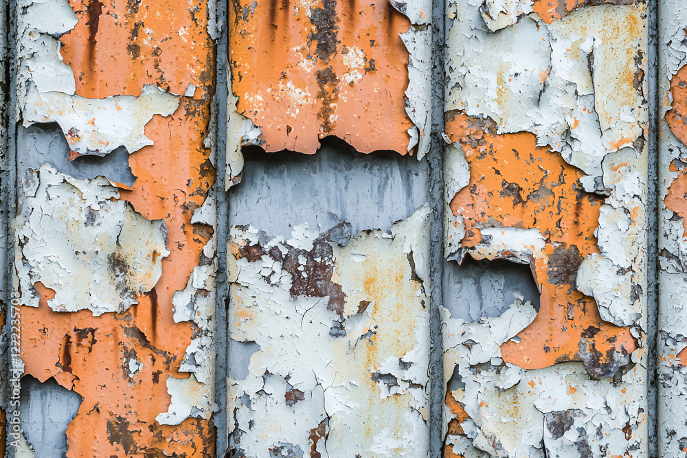 Weathered metal surface with peeling orange and gray paint, showcasing rustic textures and patterns