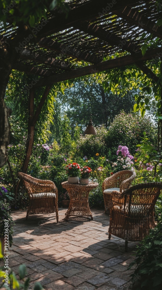 Charming Rustic Patio with Wicker Chairs and Table Surrounded by Lush Greenery and Flowers, Cozy Outdoor Setting for Relaxation in Serene Garden Landscape, Peaceful Courtyard with Vintage Aesthetic Charming Rustic Patio with Wicker Chairs and Table Surrounded by Lush Greenery and Flowers, Cozy Outdoor Setting for Relaxation in Serene Garden Landscape, Peaceful Courtyard with Vintage Aesthetic