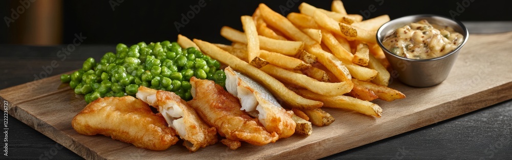 Freshly prepared fish and chips are displayed on a wooden board, featuring crispy golden fries and a side of mushy peas, creating a classic British dining experience Freshly prepared fish and chips are displayed on a wooden board, featuring crispy golden fries and a side of mushy peas, creating a classic British dining experience