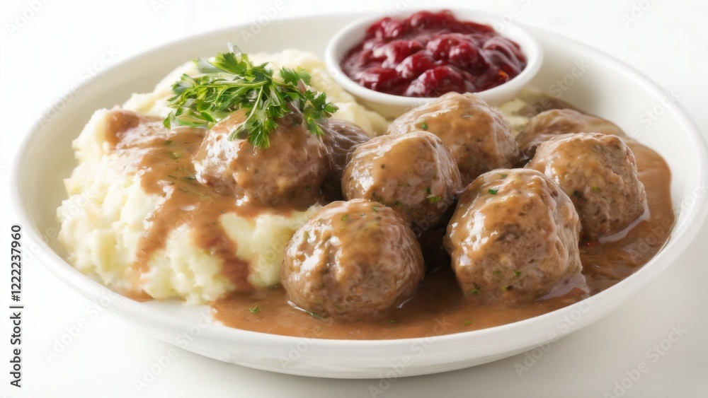 Delicious plate of fluffy mashed potatoes and meatballs in thick brown gravy with cranberry sauce, garnished with parsley. Delicious plate of fluffy mashed potatoes and meatballs in thick brown gravy with cranberry sauce, garnished with parsley.