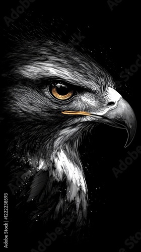 Majestic Hawk Portrait with Intense Gaze in Dramatic Lighting, Detailed Feathers and Sharp Beak, Ideal for Wildlife Enthusiasts and Nature Conservation Themes, Generative AI