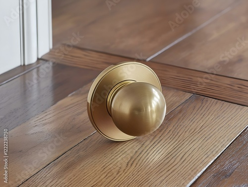 gleaming brass doorstop on light wood flooring photo