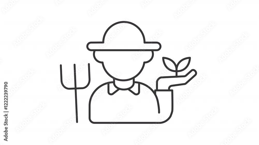 Animated farmer icon. Person holding sprout line animation. Agricultural care and nurturing. Food production. Black illustration on white background. HD video with alpha channel. Motion graphic Animated farmer icon. Person holding sprout line animation. Agricultural care and nurturing. Food production. Black illustration on white background. HD video with alpha channel. Motion graphic