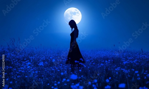 Mystical Woman's Silhouette in Moonlit Field of Deep Blue Flowers at Night, Serene and Dreamy Scene for Tranquility, Solitude, and Reflection, Generative AI