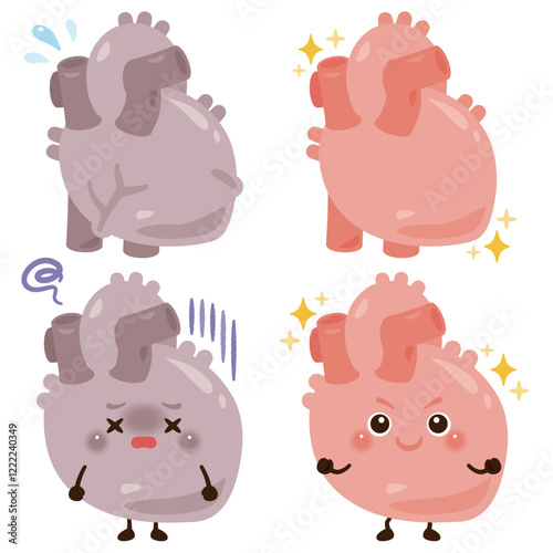 動きが鈍くなっている心臓のキャラクターと元気な心臓のキャラクター