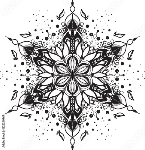 Floral Veil of Mystery Detailed floral line art, adorned with dots and curves, conveying delicate beauty and mysterious allure.